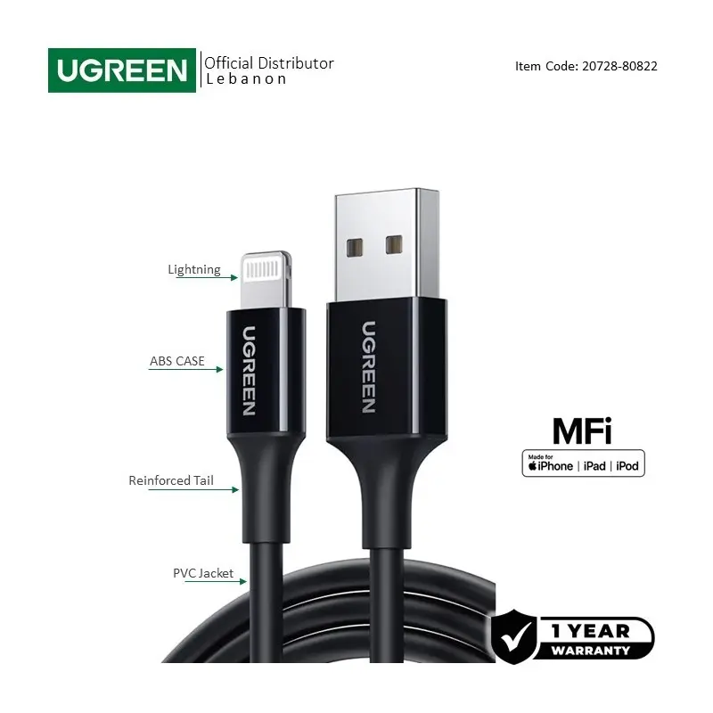 UGREEN USB-A to Lightning Cable, MFI Apple Certified, Fast Charging