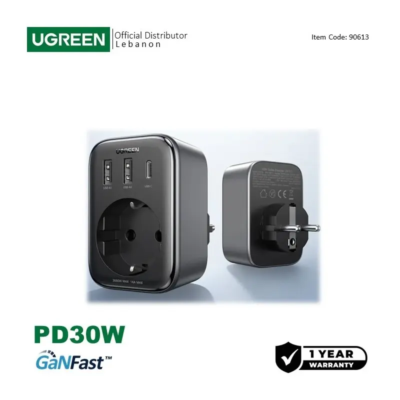 UGREEN 30W 4 in 1 Wall Outlet Extender, 3 Ports, Smart & Fast Charger  for Phones, Tablets & Ipads