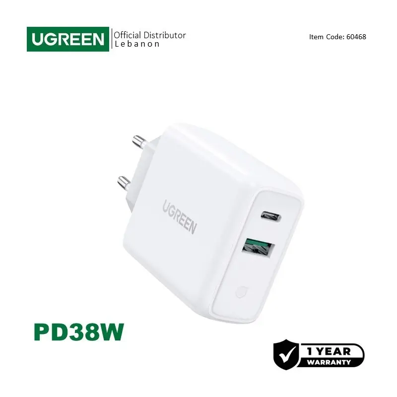 UGREEN 38W Dual-Port USB-A + USB-C Smart & Fast Charger for Phones,  Tablets & Ipads 