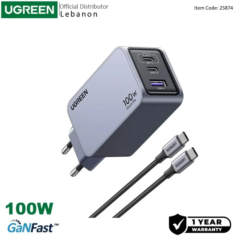 UGREEN Nexode Pro 100W GaN Tech Chip, 3 Ports Charger for Phones,  Tablets, Ipads, Laptops & MacBooks 