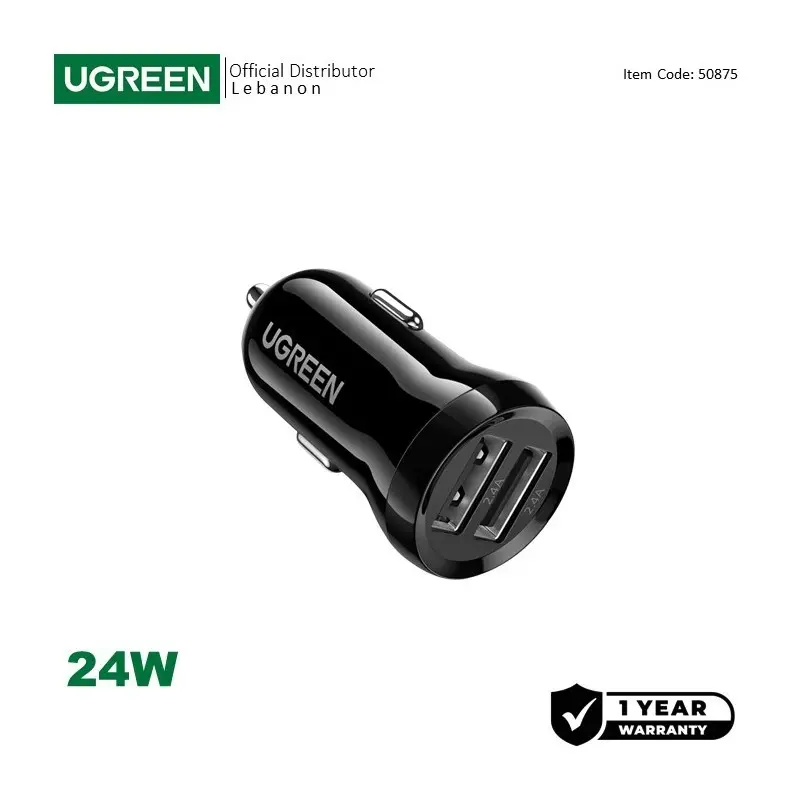 UGREEN 24W Dual Port Fast Car Charger for Phones, Tablets & Ipads