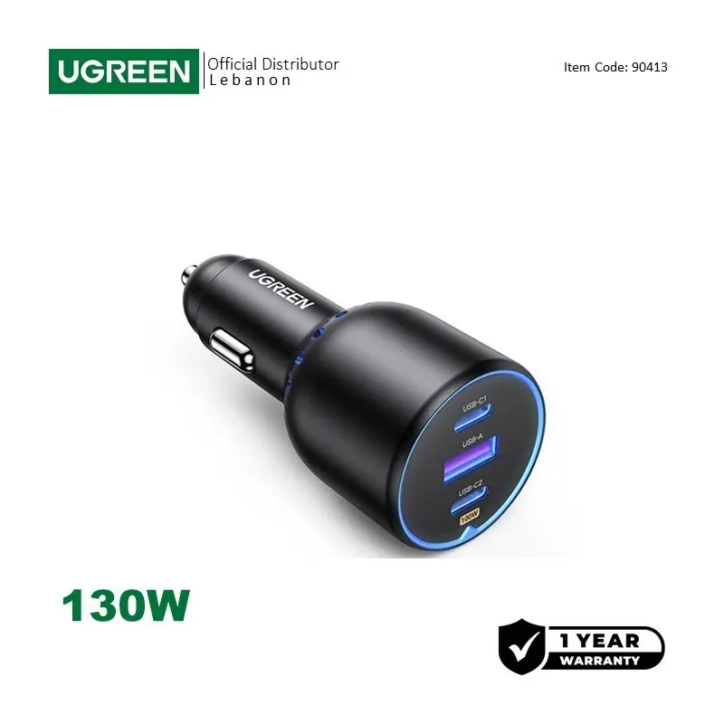 UGREEN 130W 3 Ports Fast Car Charger, for Phones, Tablets, Ipads,  Laptops & MacBooks