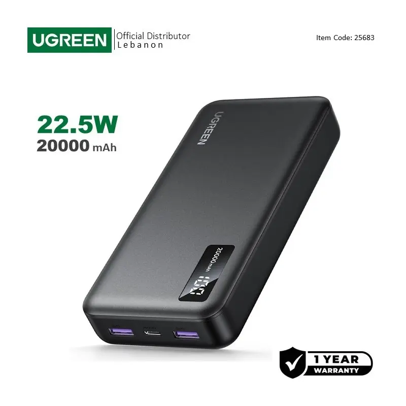  UGREEN Power Bank 22.5W PD, 3 Ports 20000 mAh, Smart & Fast Charging for Phones,  Tablets, Ipads