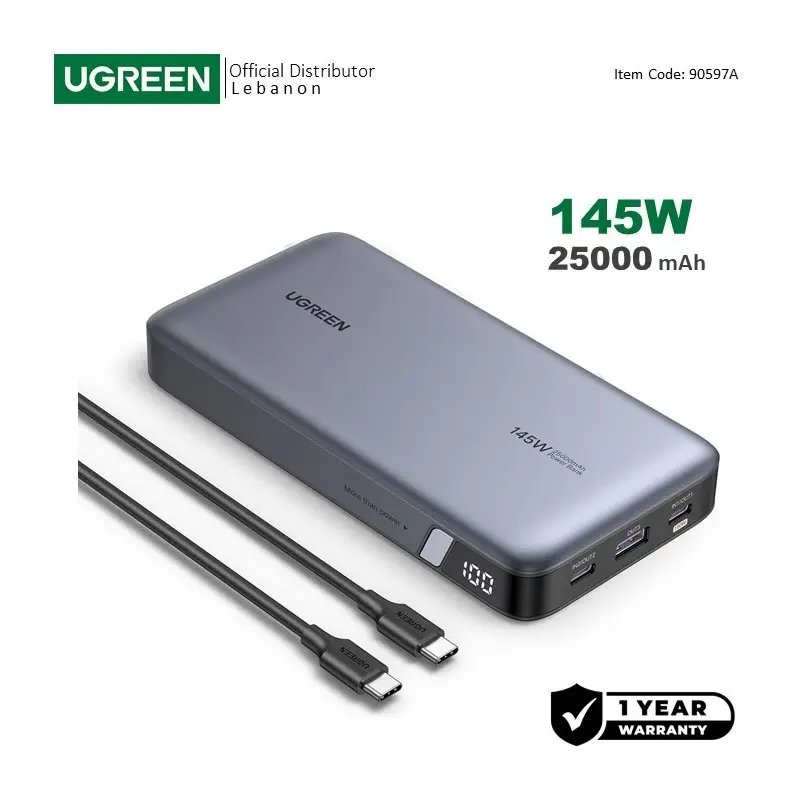  UGREEN Power Bank 145W, 3 Ports, 25000 mAh, Fast Charging for Laptops, MacBooks,  Smartphones, Tablets