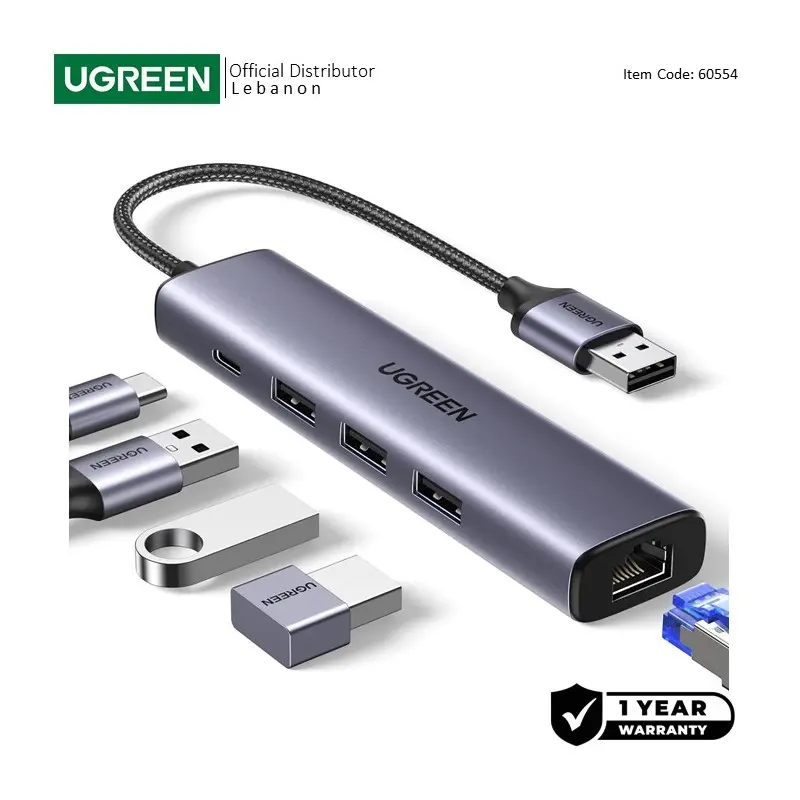 UGREEN USB 3.0 to 3- Port USB 3.0 Hub with Lan and power port