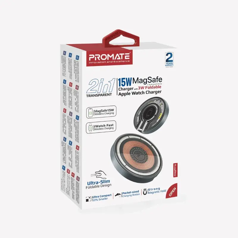 MagRing 2-in-1 Transparent 15W MagSafe Compatible Charger with 3W Foldable Apple Watch Charger