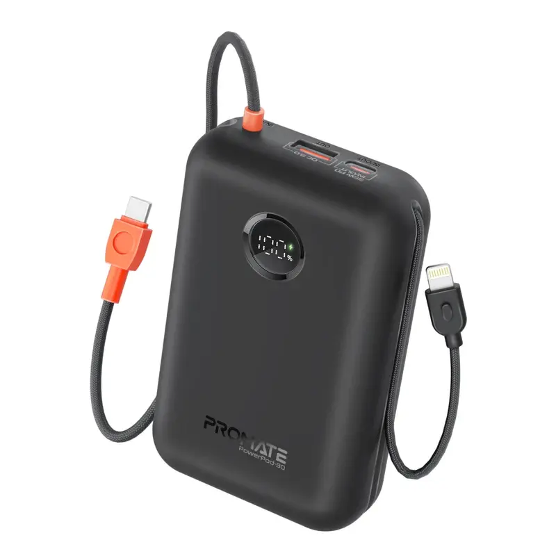 PowerPod-30 30000mAh Compact Power Bank with Built-In USB-C & Lightning Cable