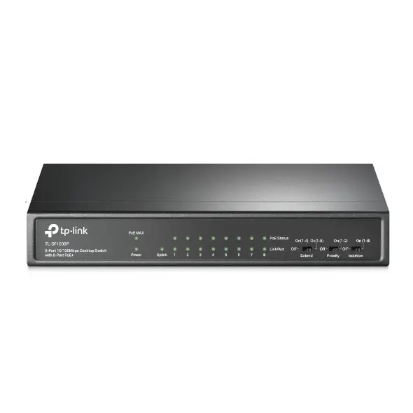 TP-LINK Switch 9 Port 10/100Mbps with 8-Port PoE+ (65W) ,Up to 250m data and power transmitting range under Extend Mode 