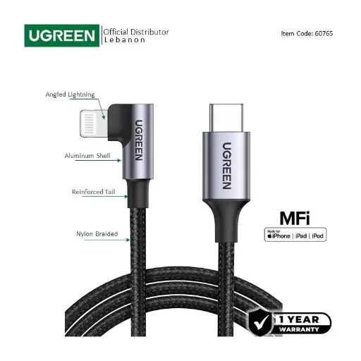 UGREEN USB-C to Angled Lightning Braided Cable, MFI Apple Certified,  Fast Charging