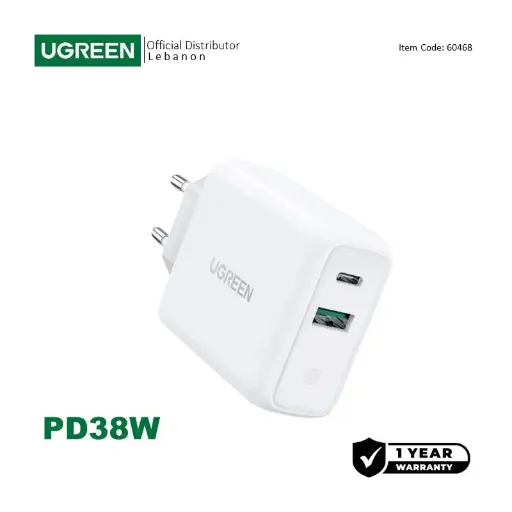 UGREEN 38W Dual-Port USB-A + USB-C Smart & Fast Charger for Phones,  Tablets & Ipads 