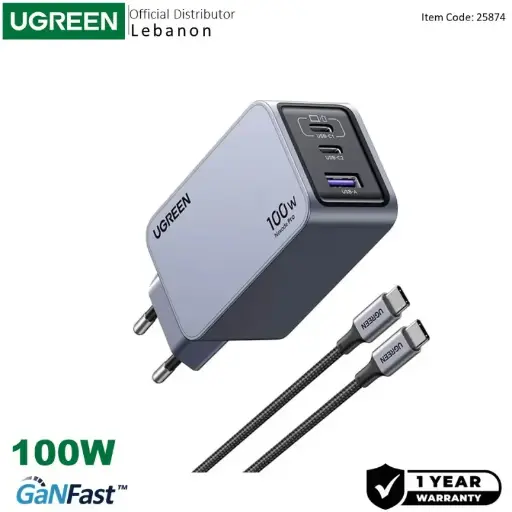 UGREEN Nexode Pro 100W GaN Tech Chip, 3 Ports Charger for Phones,  Tablets, Ipads, Laptops & MacBooks 