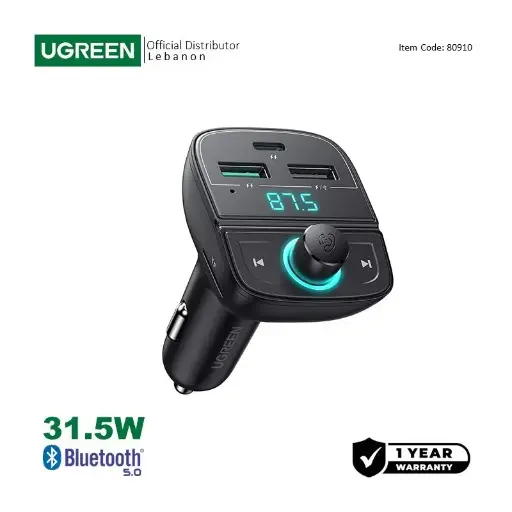 UGREEN 31.5W PD Fast Car Charger with FM & Bluetooth Transmitter +  USB MP3 & TF Slot Reader