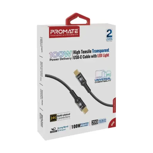 LucidLine-CC200 High Tensile Transparent 100W Power Delivery USB-C Cable with LED Light  