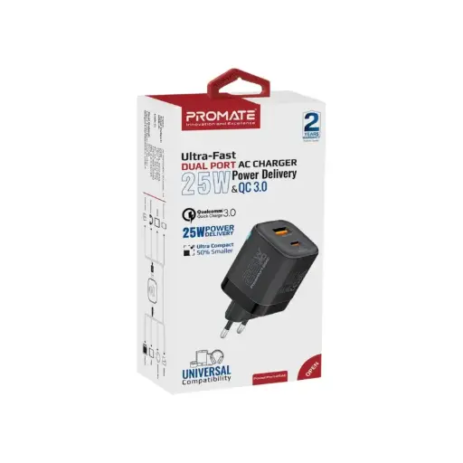 PowerPort-25AC Ultra-Fast Dual Port AC Charger with 25W Power Delivery and QC 3.0