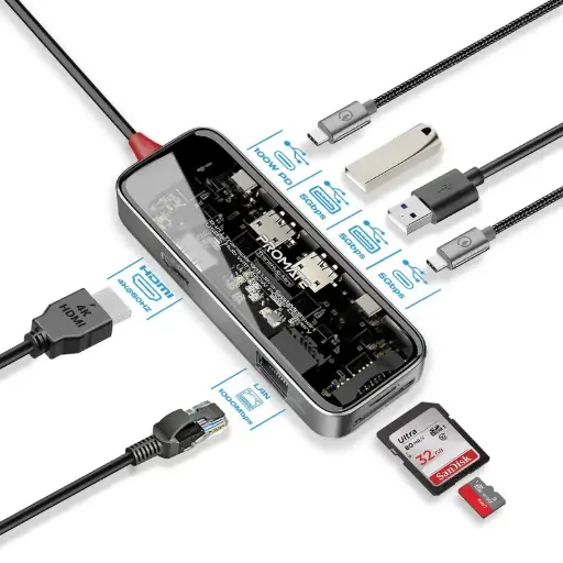 TransHub-mini 8-in 1 Transparent Ultra-Fast Multiport USB-C Hub with 100W Power Delivery