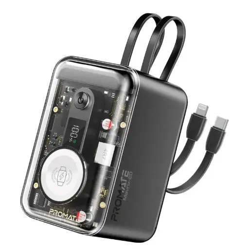 Mavrix-20 65W Multi-Device Charging Transparent Power Bank with Built-In USB-C & Lightning Cable