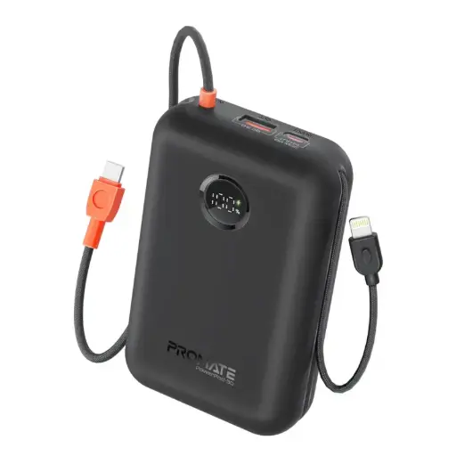 PowerPod-30 30000mAh Compact Power Bank with Built-In USB-C & Lightning Cable