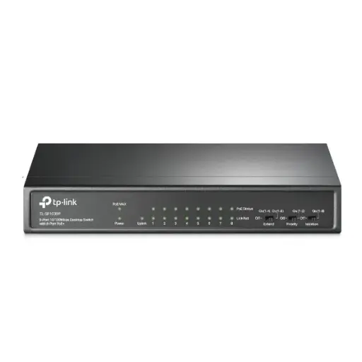 TP-LINK Switch 9 Port 10/100Mbps with 8-Port PoE+ (65W) ,Up to 250m data and power transmitting range under Extend Mode 
